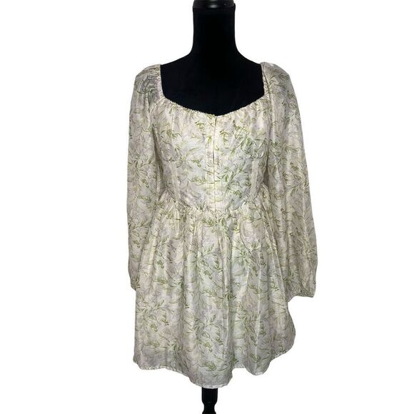 NWT LUSH FLORAL PRARIE COTTAGE CORE PUFF SLEEVE CREAM MINI DRESS WOMENS SIZE M - Picture 2 of 7